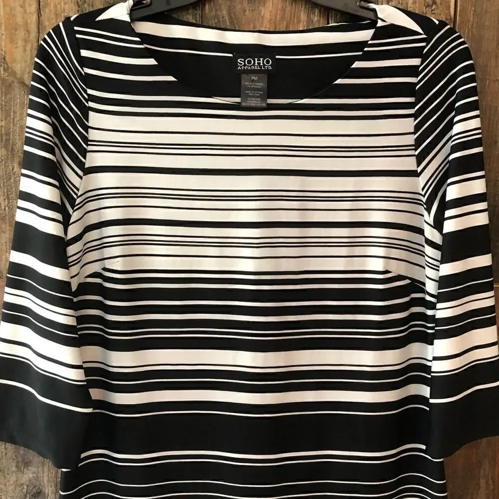 SOHO PM Black & White Striped Career Workwear Shift Dress